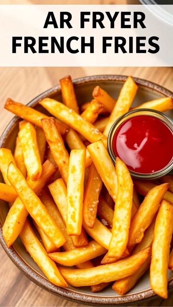 Crispy Air Fryer French Fries Recipe Crispy air fryer French fries served with ketchup on a rustic table.
